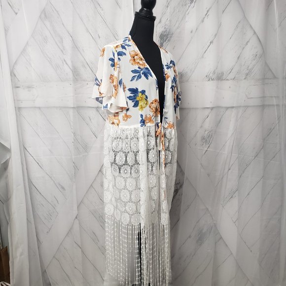 Shein Floral Lace Fringe Kimono Tie Cottage Core Boho Blouse Size 1XL - Picture 5 of 14